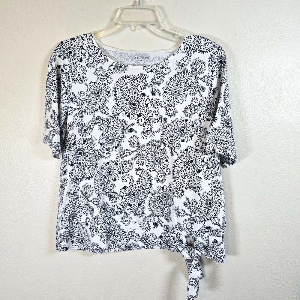Talbots Shirt Women's L Navy Paisley Tie Waist Coastal Casual Classic Summer
